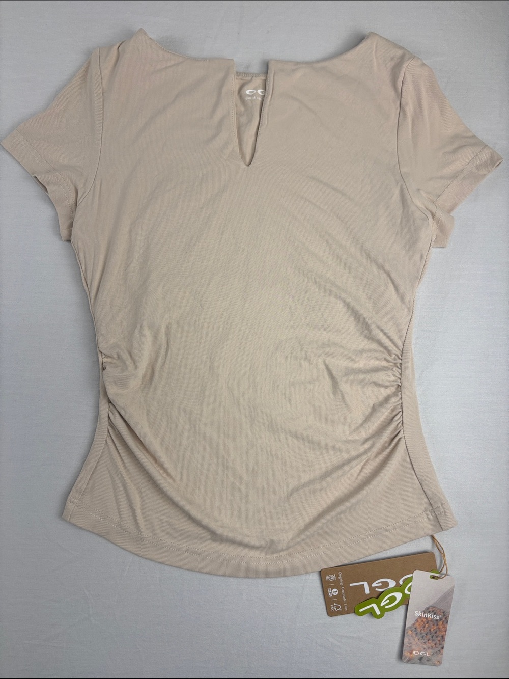 OGL Beige Flapped V-Neck Ruched Bra Short Sleeve Top size M